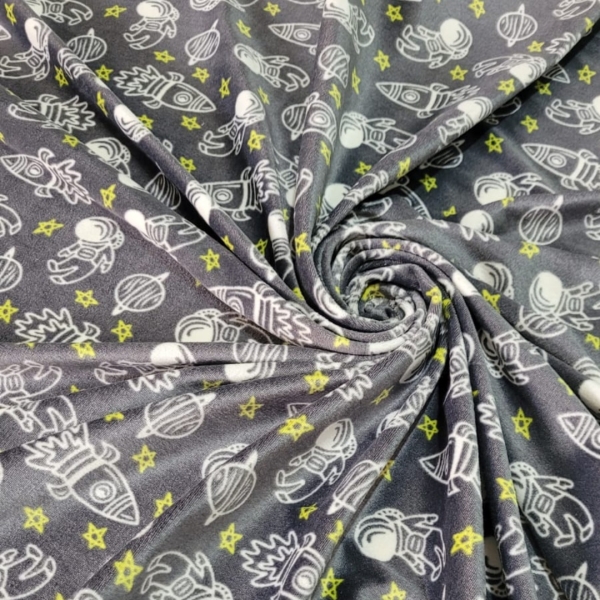 Tecido Plush Estampado Foguete Fundo Cinza - Image 3