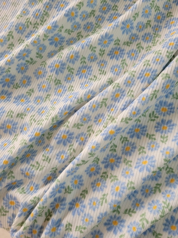 Malha Canelada Estampa Florzinha Margarida Azul 1 Metro Malha Para Pijama - Image 4