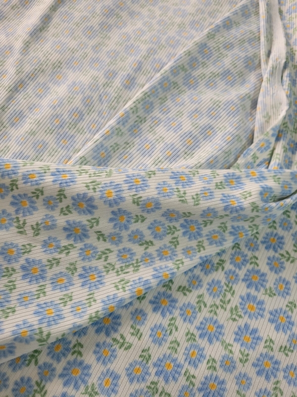 Malha Canelada Estampa Florzinha Margarida Azul 1 Metro Malha Para Pijama - Image 2
