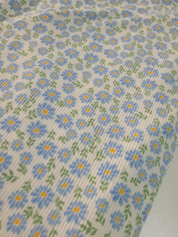 Malha Canelada Estampa Florzinha Margarida Azul 1 Metro Malha Para Pijama